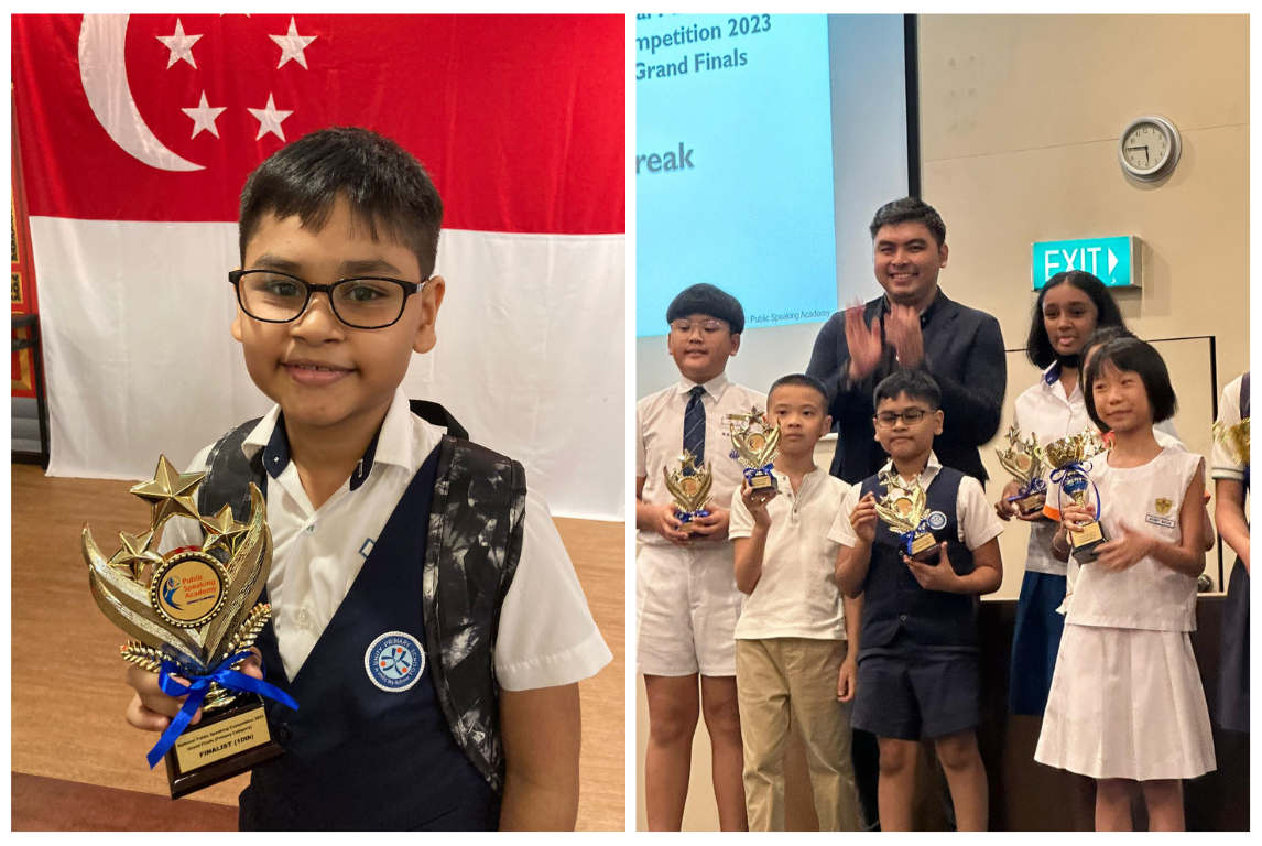 Young boy holding a trophy before Singapore flag; group of children with trophies at a 2023 Grand Finals competition.